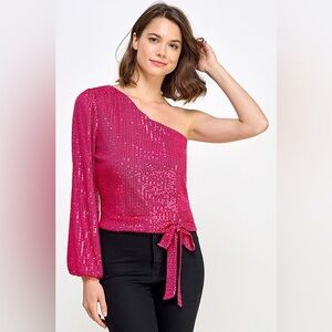 One-Shoulder Sequin Tie-Waist Blouse in Fuchsia